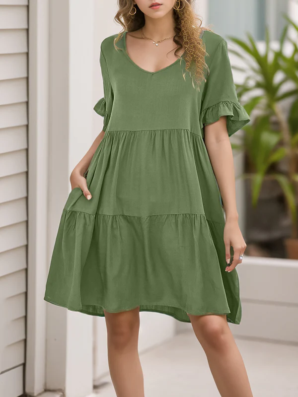A-Line Flared Sleeves Pleated Pockets Ruffled Solid Color Split-Joint Round-Neck Mini Dresses - Image 4