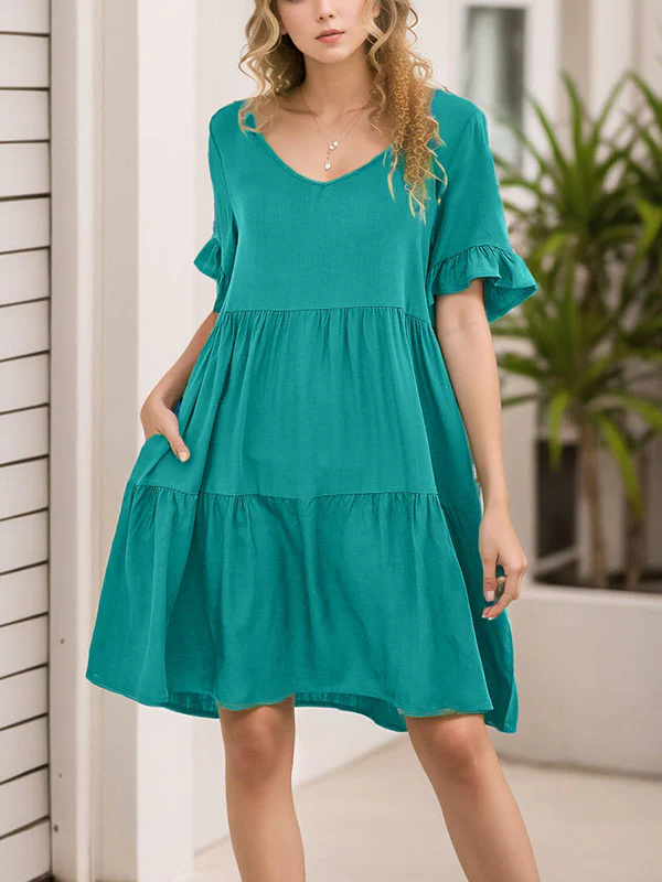 A-Line Flared Sleeves Pleated Pockets Ruffled Solid Color Split-Joint Round-Neck Mini Dresses - Image 5