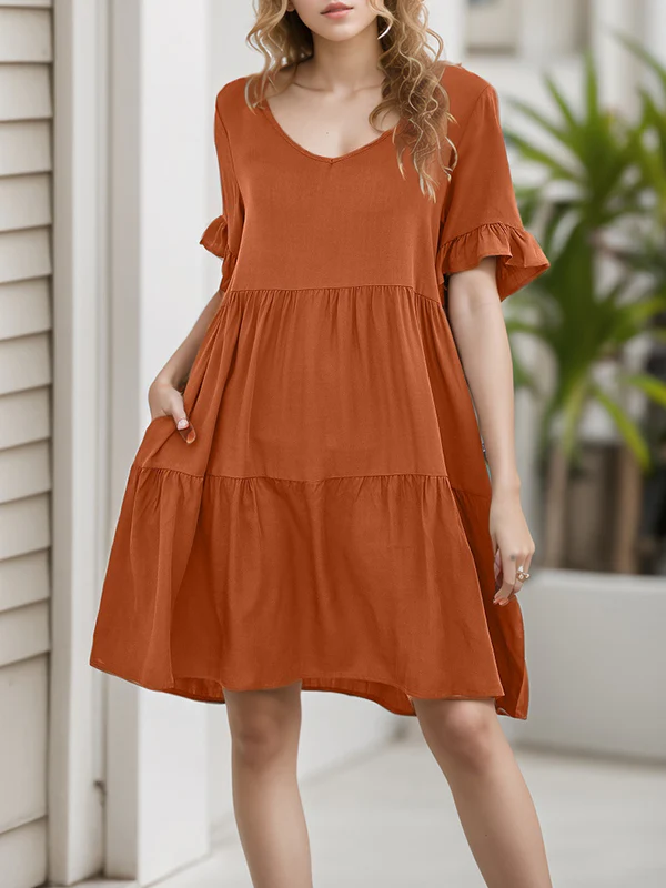 A-Line Flared Sleeves Pleated Pockets Ruffled Solid Color Split-Joint Round-Neck Mini Dresses - Image 6