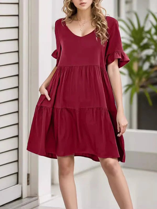 A-Line Flared Sleeves Pleated Pockets Ruffled Solid Color Split-Joint Round-Neck Mini Dresses - Image 7