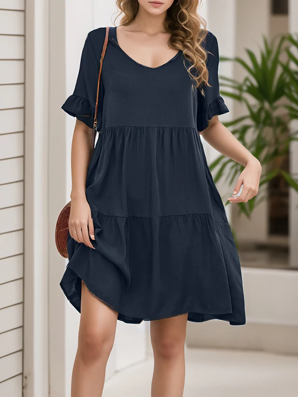 A-Line Flared Sleeves Pleated Pockets Ruffled Solid Color Split-Joint Round-Neck Mini Dresses - Image 8