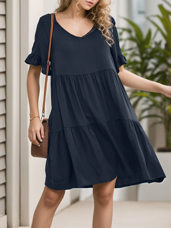 A-Line Flared Sleeves Pleated Pockets Ruffled Solid Color Split-Joint Round-Neck Mini Dresses - Image 9