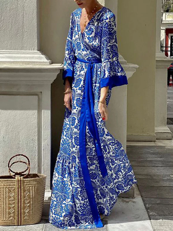 A-Line Flared Sleeves Pleated Printed Split-Joint Tied Waist V-Neck Maxi Dresses - Image 2