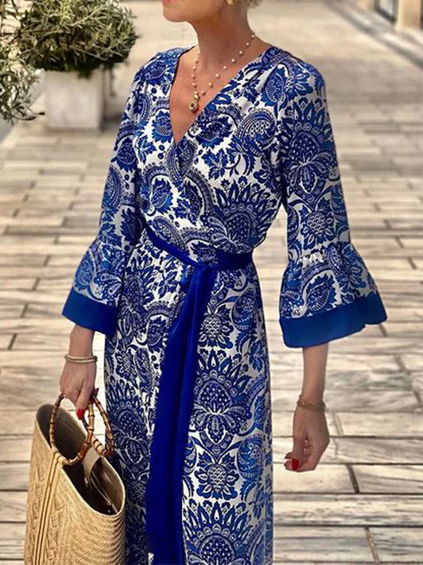A-Line Flared Sleeves Pleated Printed Split-Joint Tied Waist V-Neck Maxi Dresses - Image 3
