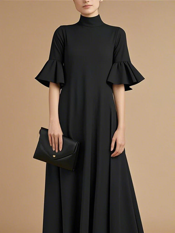 A-Line Flared Sleeves Pleated Solid Color Mock Neck Maxi Dresses - Image 2