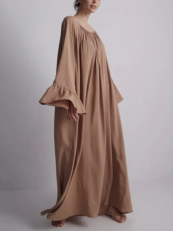 A-Line Flared Sleeves Pleated Solid Color Split-Joint Round-Neck Maxi Dresses - Image 10