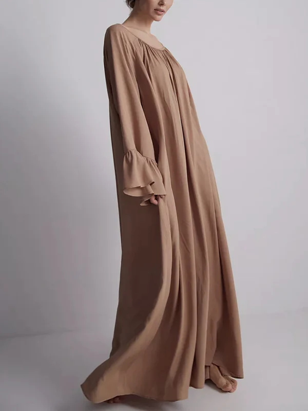 A-Line Flared Sleeves Pleated Solid Color Split-Joint Round-Neck Maxi Dresses - Image 11
