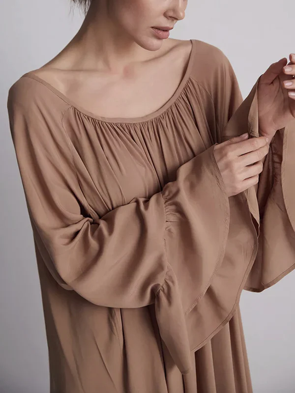 A-Line Flared Sleeves Pleated Solid Color Split-Joint Round-Neck Maxi Dresses - Image 12