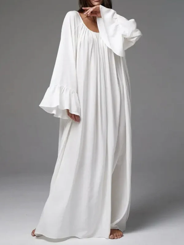 A-Line Flared Sleeves Pleated Solid Color Split-Joint Round-Neck Maxi Dresses - Image 13