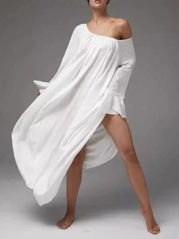 A-Line Flared Sleeves Pleated Solid Color Split-Joint Round-Neck Maxi Dresses - Image 15