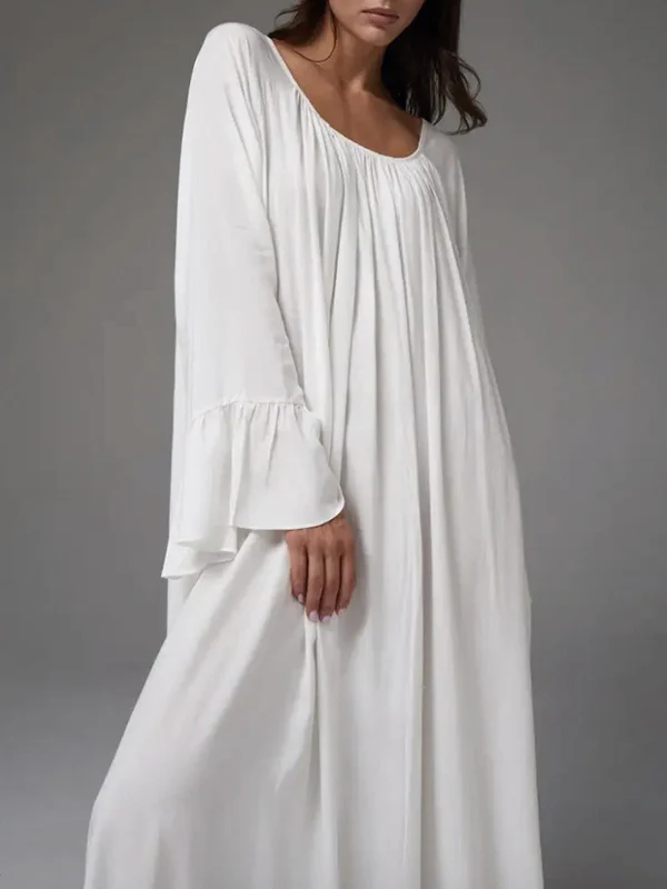 A-Line Flared Sleeves Pleated Solid Color Split-Joint Round-Neck Maxi Dresses - Image 16