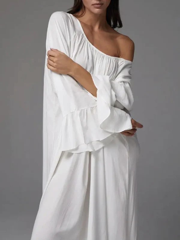 A-Line Flared Sleeves Pleated Solid Color Split-Joint Round-Neck Maxi Dresses - Image 17