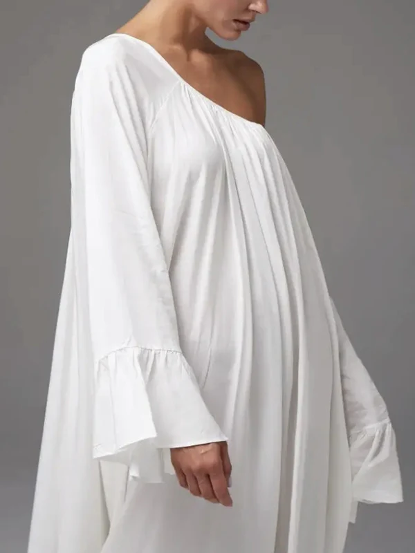 A-Line Flared Sleeves Pleated Solid Color Split-Joint Round-Neck Maxi Dresses - Image 18