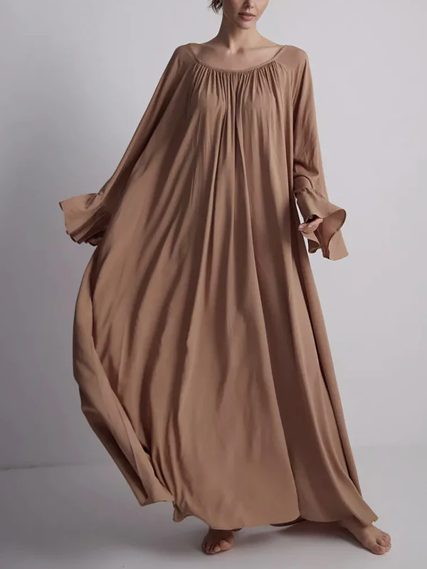 A-Line Flared Sleeves Pleated Solid Color Split-Joint Round-Neck Maxi Dresses - Image 2