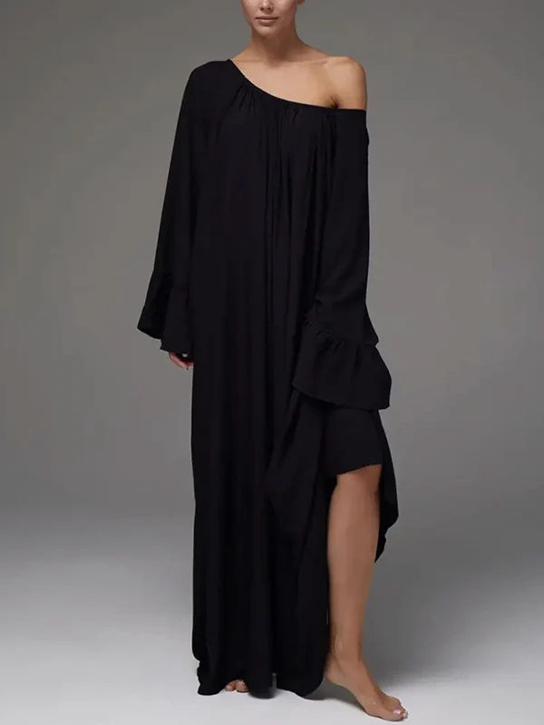 A-Line Flared Sleeves Pleated Solid Color Split-Joint Round-Neck Maxi Dresses - Image 3