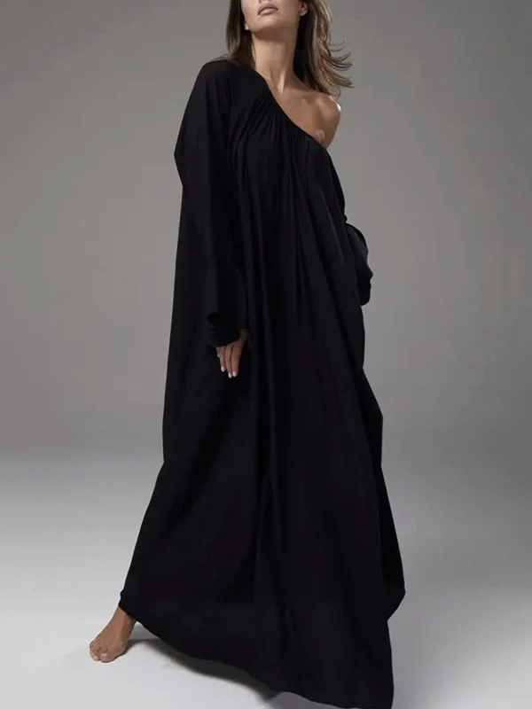 A-Line Flared Sleeves Pleated Solid Color Split-Joint Round-Neck Maxi Dresses - Image 4