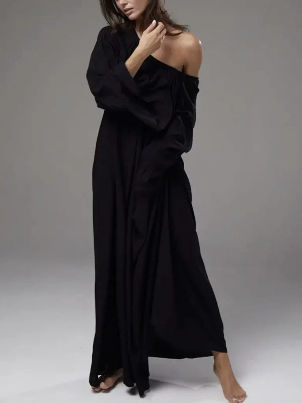 A-Line Flared Sleeves Pleated Solid Color Split-Joint Round-Neck Maxi Dresses - Image 5