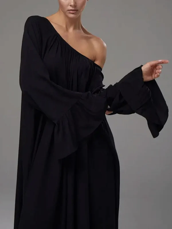 A-Line Flared Sleeves Pleated Solid Color Split-Joint Round-Neck Maxi Dresses - Image 6