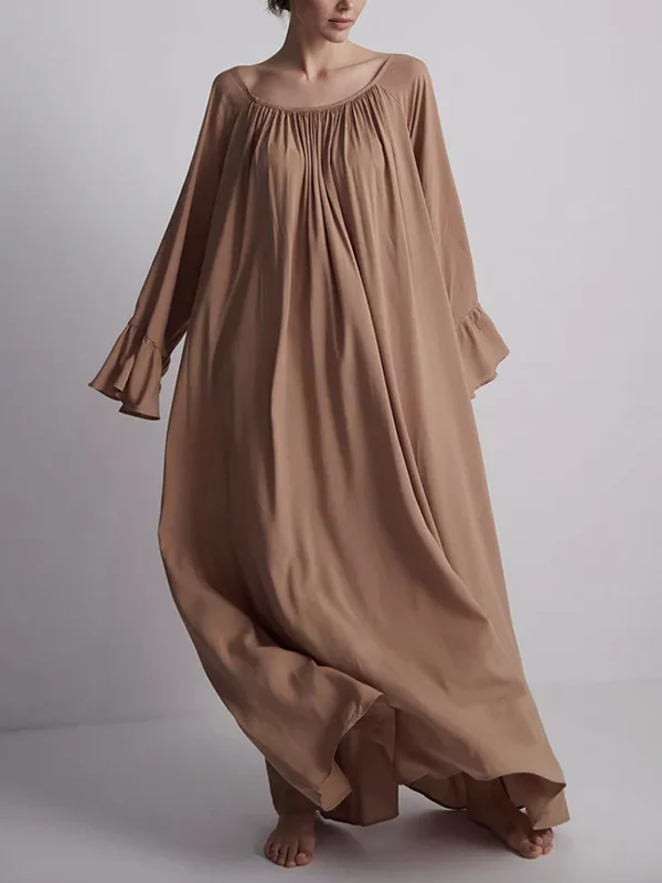 A-Line Flared Sleeves Pleated Solid Color Split-Joint Round-Neck Maxi Dresses - Image 7