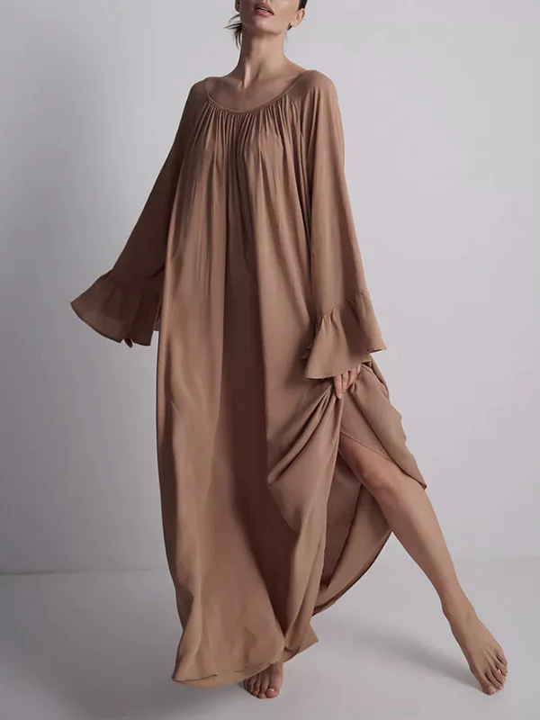 A-Line Flared Sleeves Pleated Solid Color Split-Joint Round-Neck Maxi Dresses - Image 8