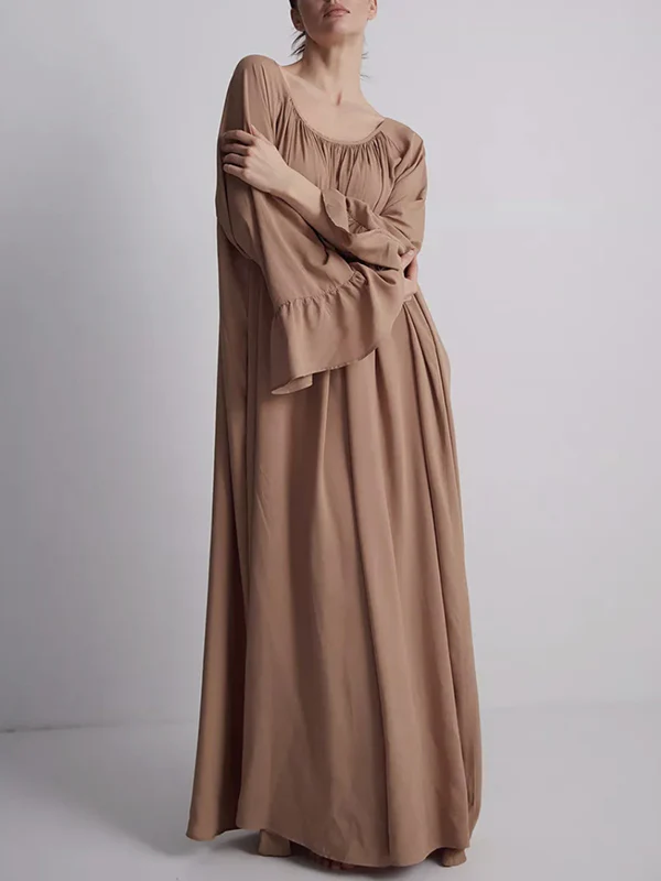 A-Line Flared Sleeves Pleated Solid Color Split-Joint Round-Neck Maxi Dresses - Image 9
