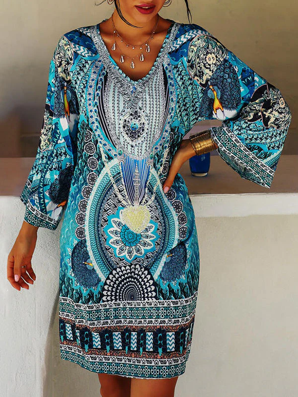 A-Line Flared Sleeves Printed Split-Joint V-Neck Mini Dresses - Image 2