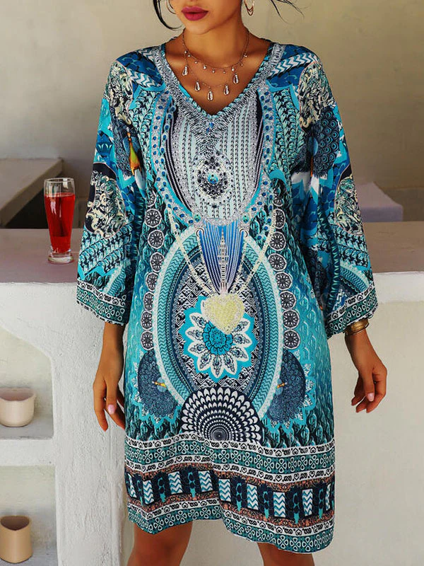 A-Line Flared Sleeves Printed Split-Joint V-Neck Mini Dresses - Image 3