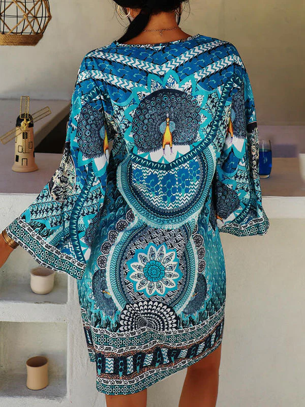 A-Line Flared Sleeves Printed Split-Joint V-Neck Mini Dresses - Image 5