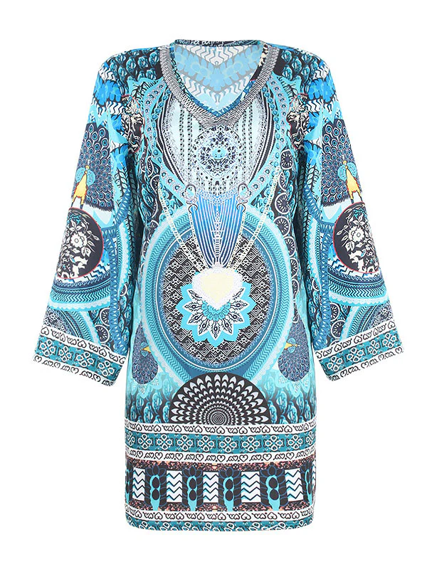 A-Line Flared Sleeves Printed Split-Joint V-Neck Mini Dresses - Image 6