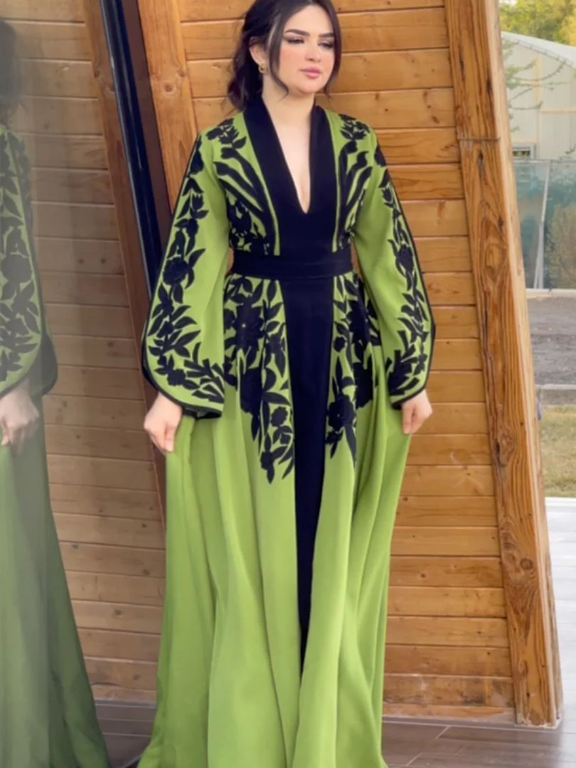 A-line Flared Sleeves Printed Tied Waist V-neck Maxi Dresses