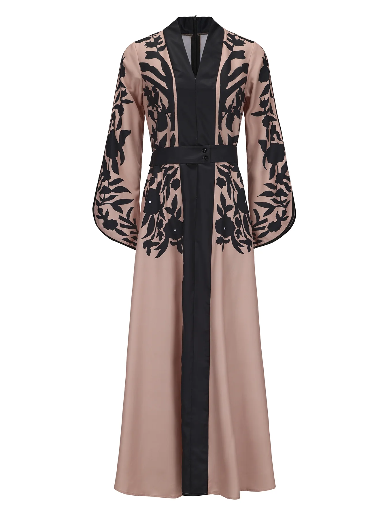 A-line Flared Sleeves Printed Tied Waist V-neck Maxi Dresses - Image 13