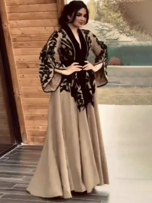 A-line Flared Sleeves Printed Tied Waist V-neck Maxi Dresses - Image 2