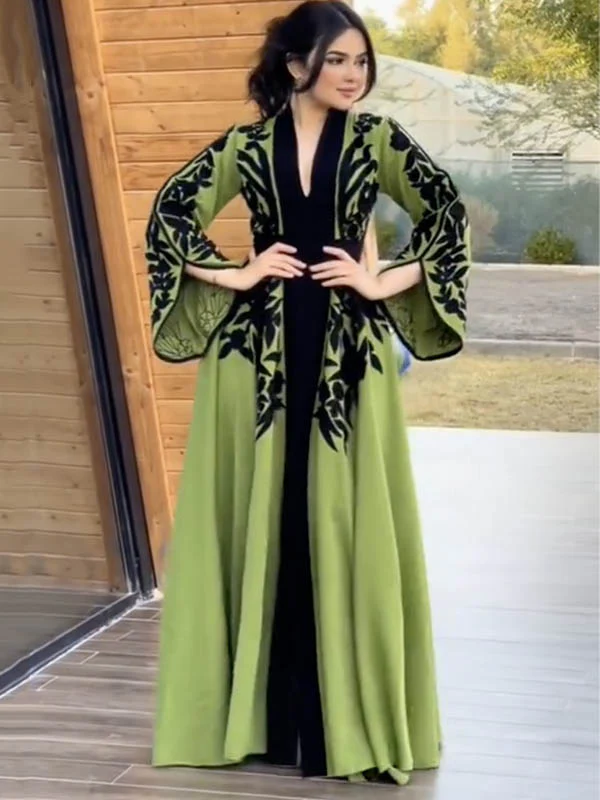 A-line Flared Sleeves Printed Tied Waist V-neck Maxi Dresses - Image 3