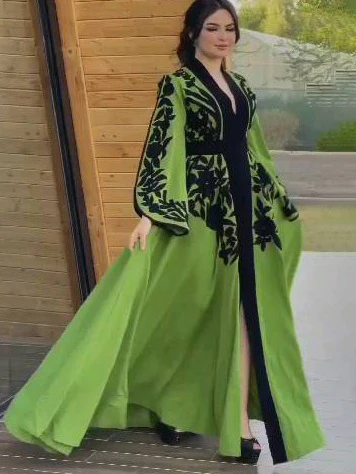 A-line Flared Sleeves Printed Tied Waist V-neck Maxi Dresses - Image 5