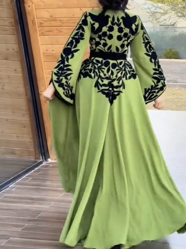 A-line Flared Sleeves Printed Tied Waist V-neck Maxi Dresses - Image 6