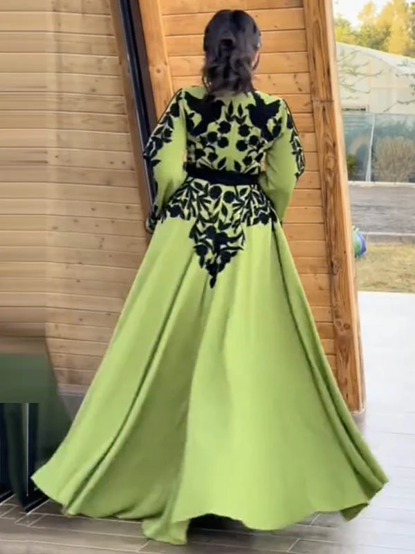 A-line Flared Sleeves Printed Tied Waist V-neck Maxi Dresses - Image 7