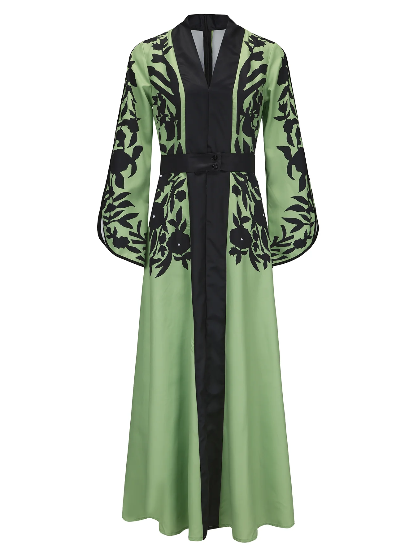 A-line Flared Sleeves Printed Tied Waist V-neck Maxi Dresses - Image 8