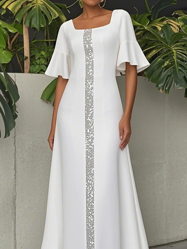 A-Line Flared Sleeves Shiny Solid Color Split-Joint Square-Neck Maxi Dresses - Image 2