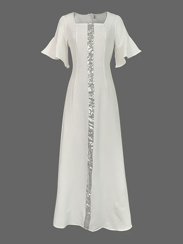 A-Line Flared Sleeves Shiny Solid Color Split-Joint Square-Neck Maxi Dresses - Image 3