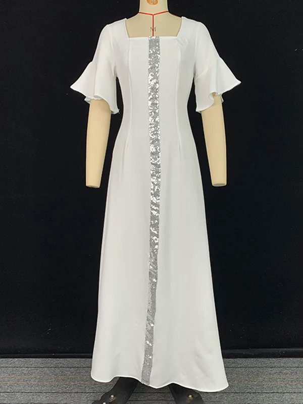 A-Line Flared Sleeves Shiny Solid Color Split-Joint Square-Neck Maxi Dresses - Image 5