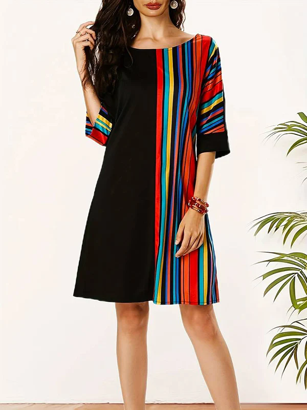 A-Line Half Sleeves Asymmetric Contrast Color Striped Round-Neck Mini Dresses - Image 10