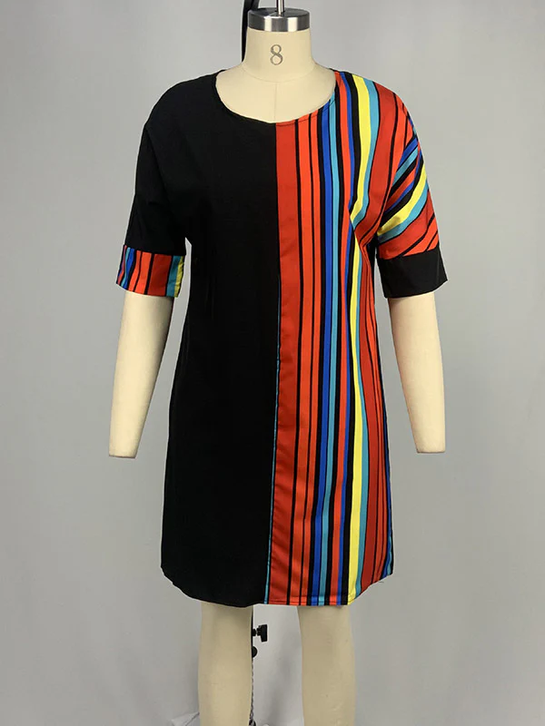 A-Line Half Sleeves Asymmetric Contrast Color Striped Round-Neck Mini Dresses - Image 12