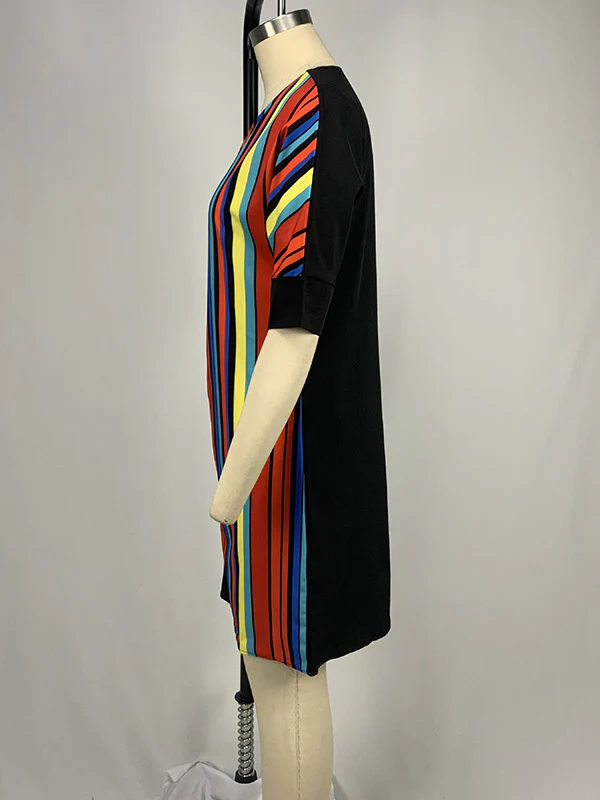 A-Line Half Sleeves Asymmetric Contrast Color Striped Round-Neck Mini Dresses - Image 13