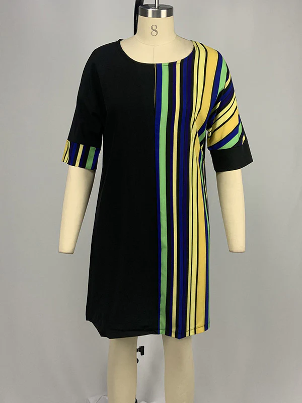 A-Line Half Sleeves Asymmetric Contrast Color Striped Round-Neck Mini Dresses - Image 15