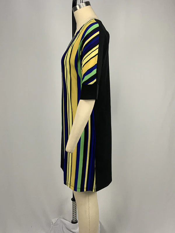 A-Line Half Sleeves Asymmetric Contrast Color Striped Round-Neck Mini Dresses - Image 16