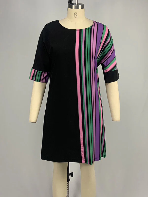 A-Line Half Sleeves Asymmetric Contrast Color Striped Round-Neck Mini Dresses - Image 18
