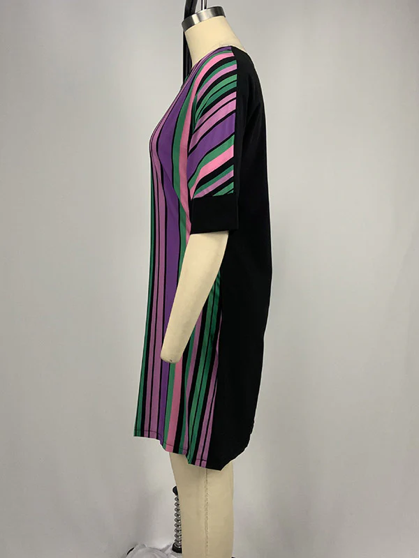 A-Line Half Sleeves Asymmetric Contrast Color Striped Round-Neck Mini Dresses - Image 19