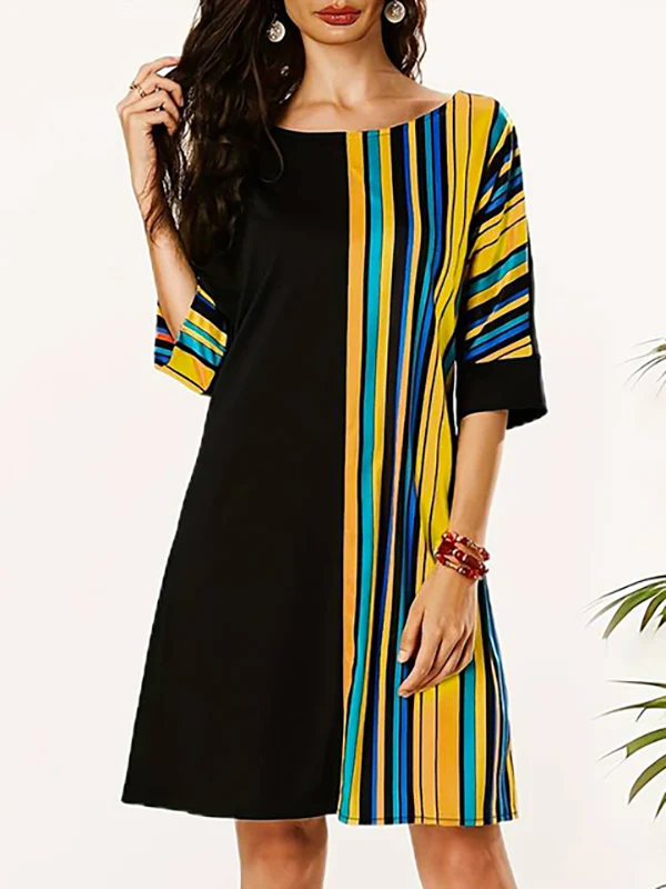 A-Line Half Sleeves Asymmetric Contrast Color Striped Round-Neck Mini Dresses - Image 2