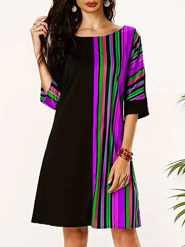 A-Line Half Sleeves Asymmetric Contrast Color Striped Round-Neck Mini Dresses - Image 3