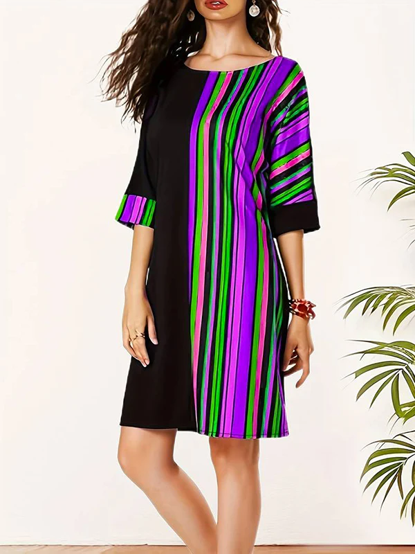 A-Line Half Sleeves Asymmetric Contrast Color Striped Round-Neck Mini Dresses - Image 4